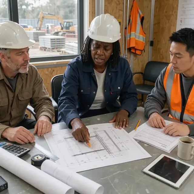 a construction project manager reviewing a change order proposal with marked-up drawings at a jobsite conference table
