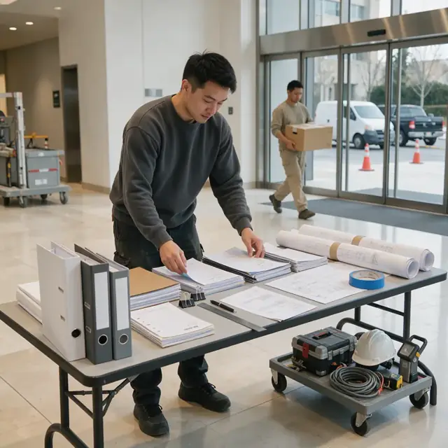 a construction closeout coordinator organizing stacks of warranty binders, as-built drawings and lien waiver forms on a table in a finished building lobby