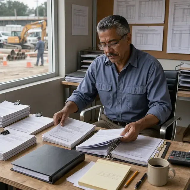 a construction administrator organizing stacks of insurance certificates and subcontract agreements on a desk next to a project binder