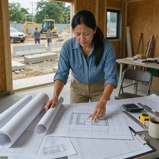 a construction estimator reviewing large rolled blueprints spread across a table covered with quantity takeoff sheets