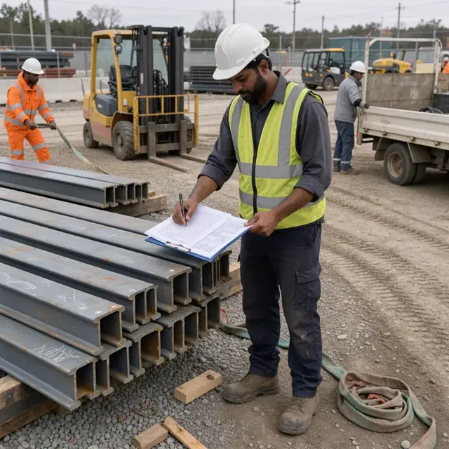 a construction materials coordinator checking delivered steel beams against purchase order paperwork in a fenced jobsite yard