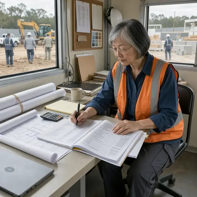 a construction coordinator reviewing subcontractor bids at a jobsite trailer desk with rolled plans nearby