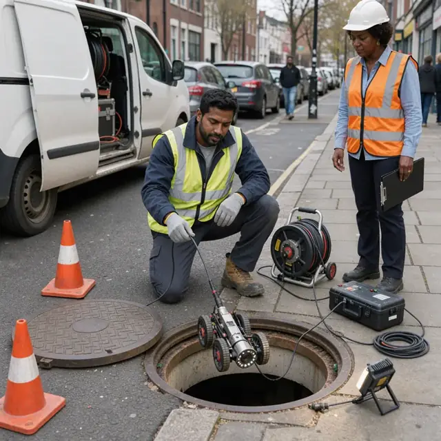 a technician lowering a CCTV crawler into an open manhole on a paved street while a city inspector stands nearby observing