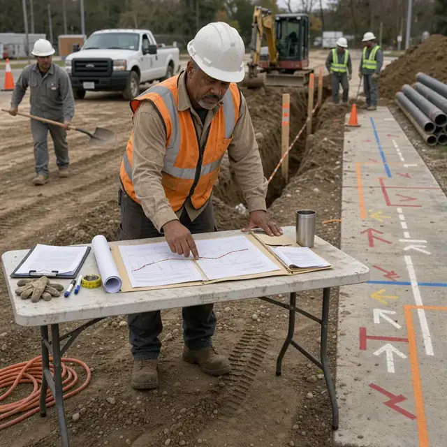 a supervisor at a folding table on a dirt jobsite reviewing utility locate marks painted on the pavement beside open permit folders