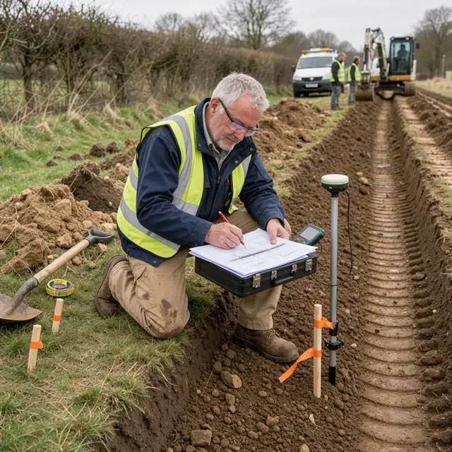 a surveyor kneeling beside a freshly backfilled pipeline trench using a GPS unit to record exact locations while marking a printed drawing