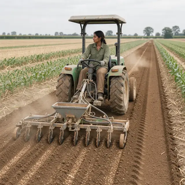 a worker operating a tractor with a seeding attachment restoring topsoil over a buried pipeline right-of-way in an agricultural field