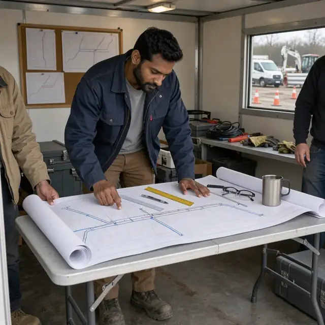 a worker at a folding table inside a job trailer reviewing large rolled alignment drawings spread across a table with maps of the pipeline route
