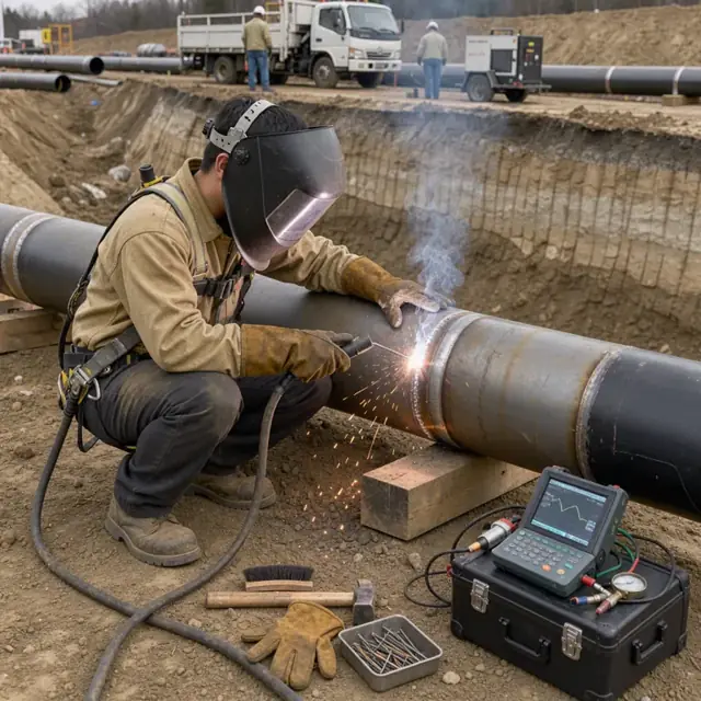 a welder in protective gear making a tie-in weld on a large diameter steel pipeline in an open trench with testing equipment nearby