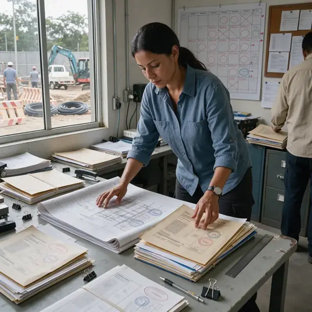 a coordinator organizing stacks of stamped engineering drawings and permit application folders on a desk beside a wall calendar marked with expiration dates