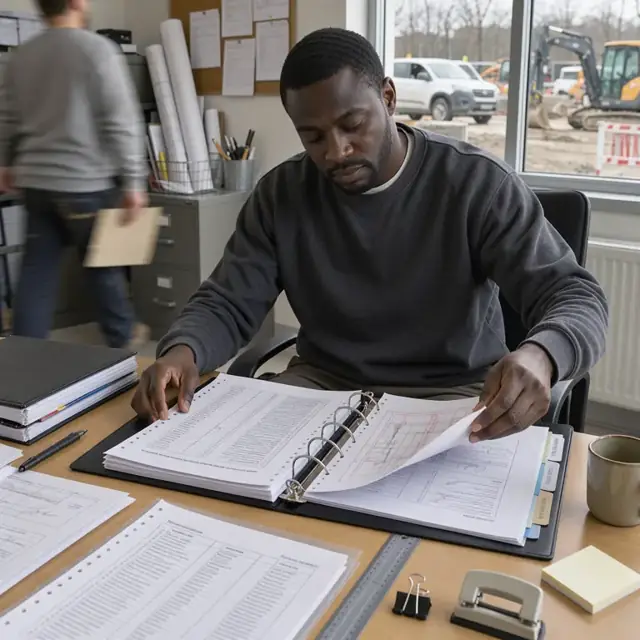 a project administrator at a desk arranging printed test reports, red-line drawings and signed change orders into a large three-ring project closeout binder
