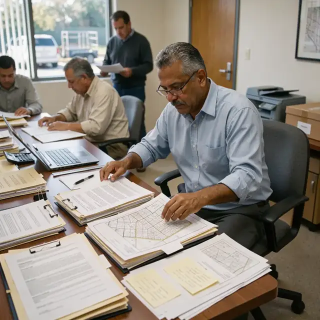 a closing coordinator organizing stacks of lot purchase agreements, title reports and plat maps on a conference room table