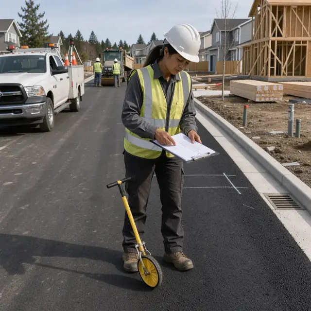 a technician in a hard hat checking a newly paved subdivision street while referencing an inspection punch list on a clipboard