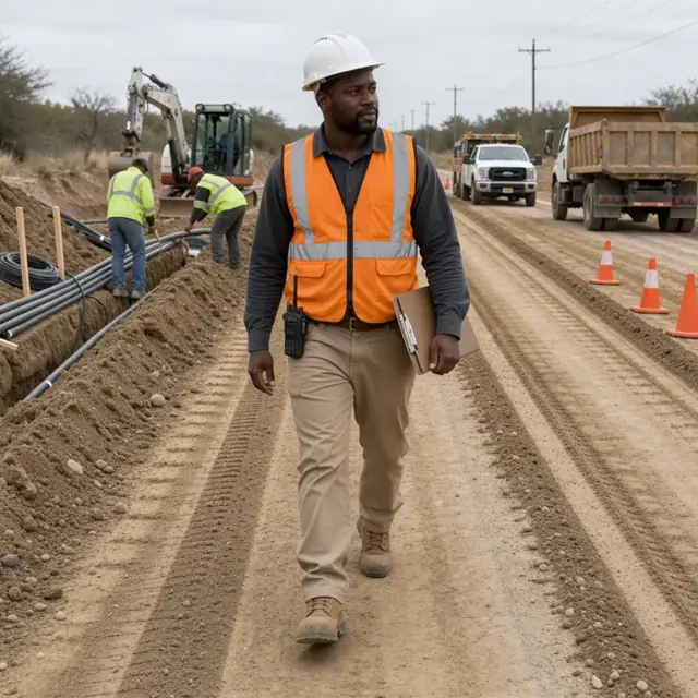 a construction manager walking a newly graded dirt road with a clipboard while utility trenches are being installed in the background