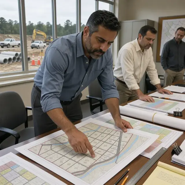 a planner reviewing large printed subdivision plats spread across a conference table covered with zoning maps and agency letters