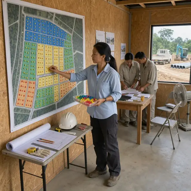 a land development associate updating a large wall map showing colored subdivision lots with status pins and sold markers