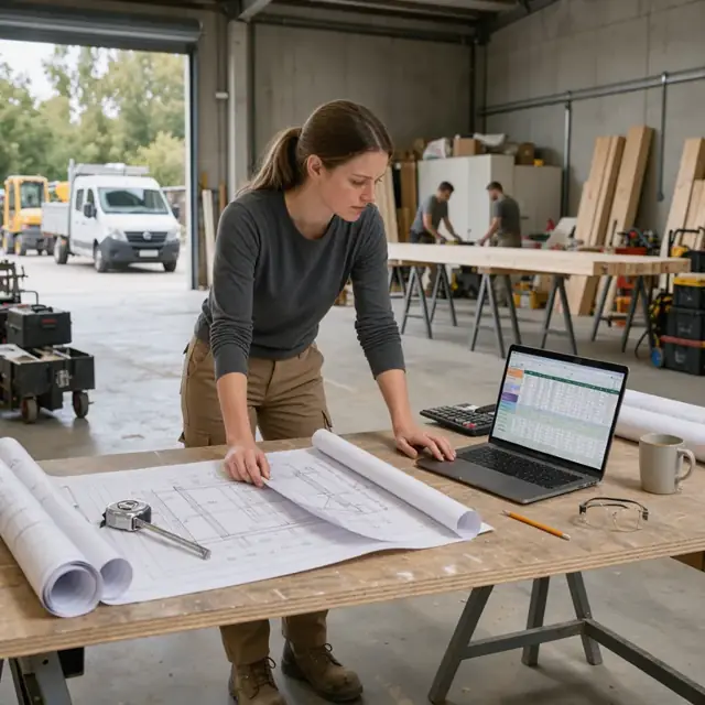 a worker at a wide table reviewing large rolled construction plans and a laptop screen showing a quantity takeoff spreadsheet