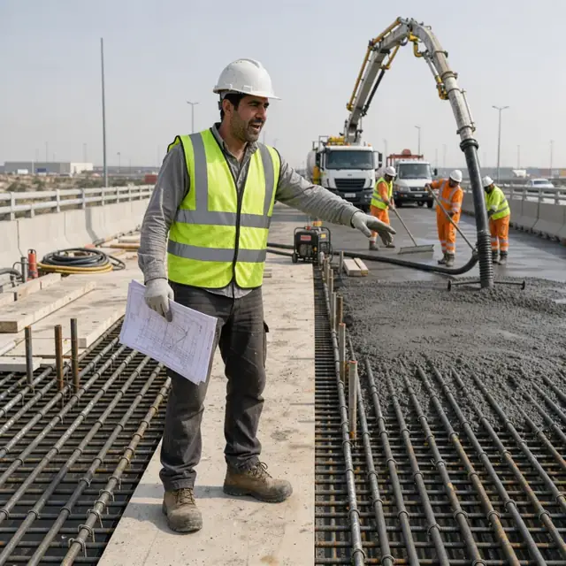 a worker in high-visibility clothing holding traffic control plans while directing a bridge deck pour with rebar in place