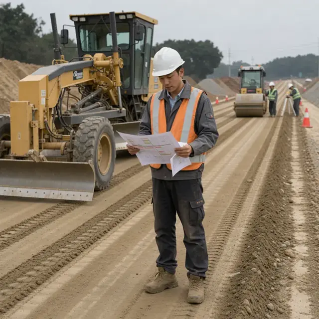 a construction supervisor reviewing printed schedule charts while standing next to heavy equipment on a freshly graded roadbed