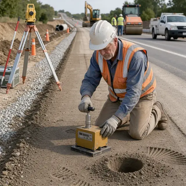 a worker using a nuclear density gauge on compacted soil next to a road under construction with survey equipment visible