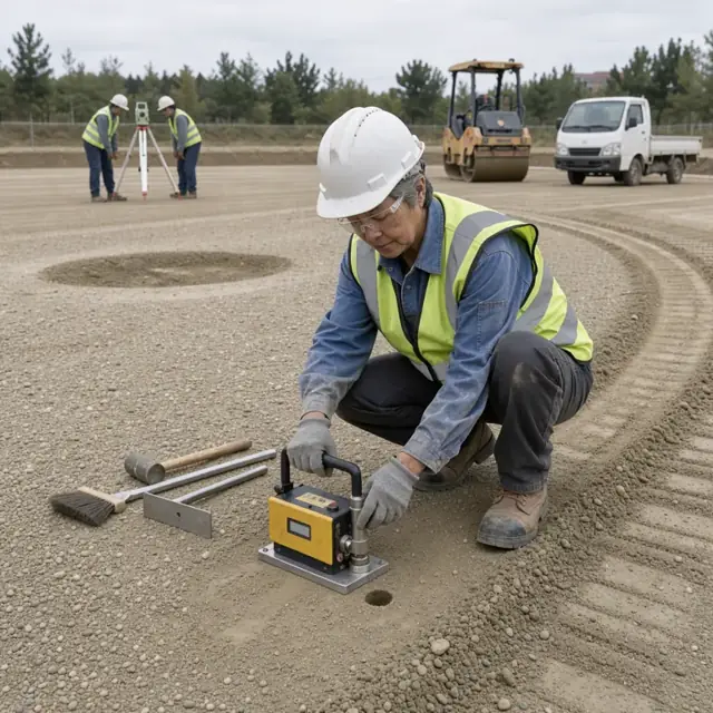 a worker using a nuclear density gauge to test soil compaction on a freshly graded athletic field base