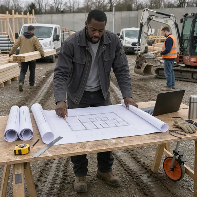a worker at a wide table reviewing large rolled construction plans with a laptop and measuring wheel nearby