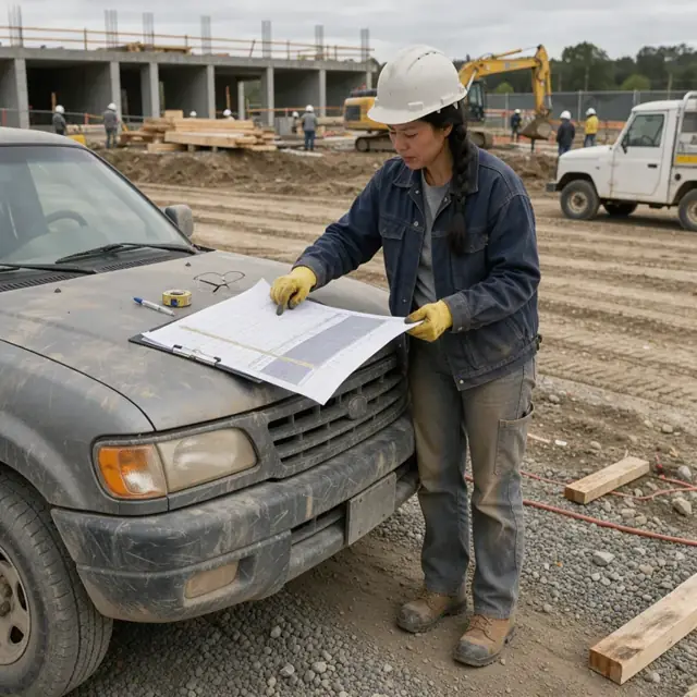 a worker in a hard hat reviewing a printed schedule on the hood of a pickup truck at an active jobsite