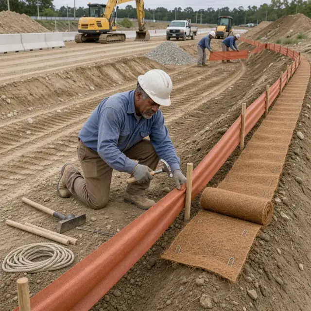 a worker installing orange silt fence and erosion control matting along a graded slope at an outdoor construction site