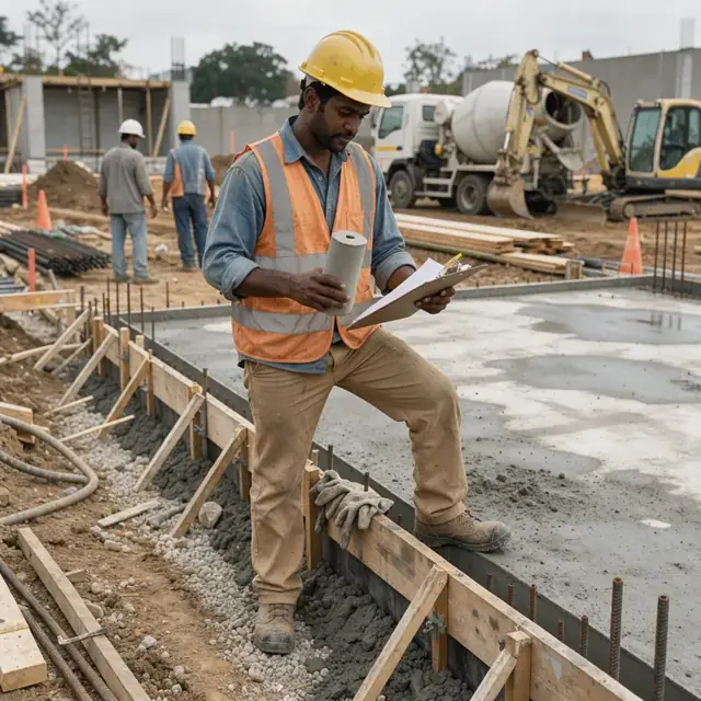a worker holding a concrete test cylinder and clipboard while standing at the edge of a freshly poured foundation wall