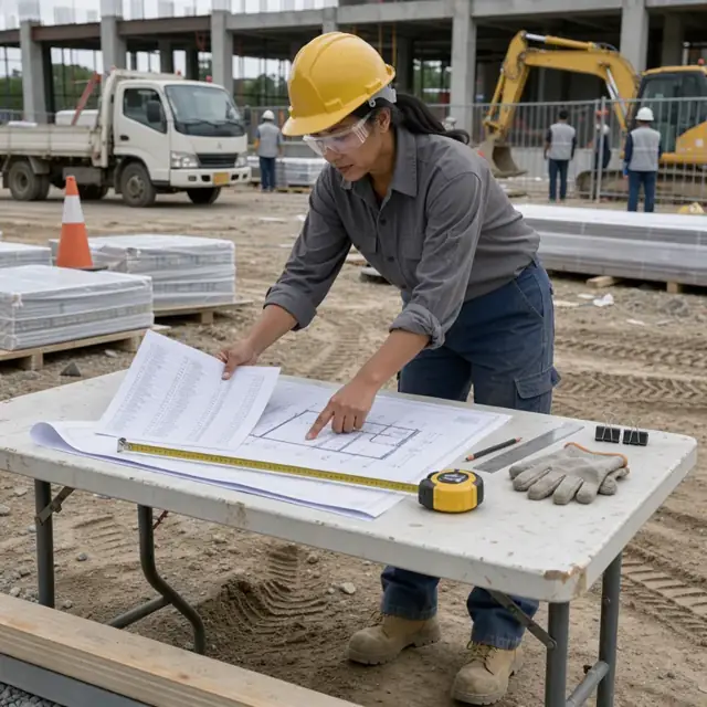 a worker at a folding table on a jobsite reviewing blueprints and a printed materials takeoff list next to a tape measure