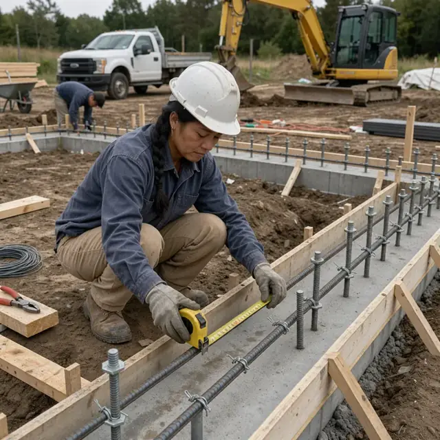 a worker in work gloves measuring rebar spacing on a foundation footer with concrete forms and anchor bolts in place
