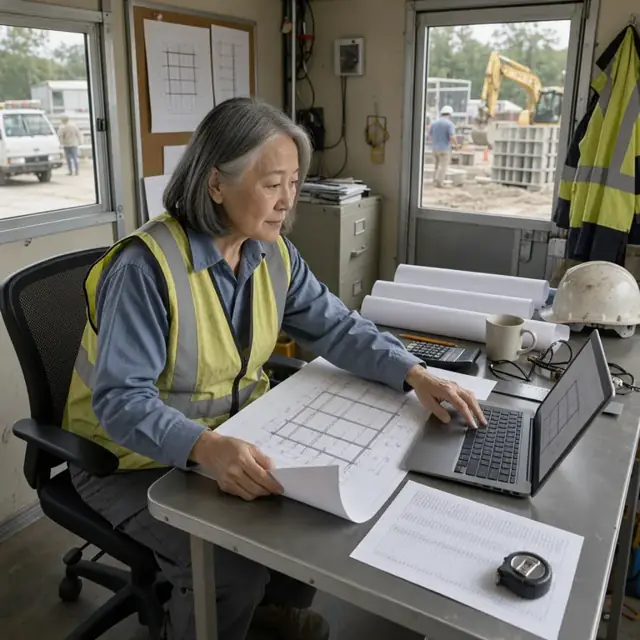a worker at a jobsite trailer desk comparing large rolled structural drawings against a laptop screen with a printed takeoff sheet