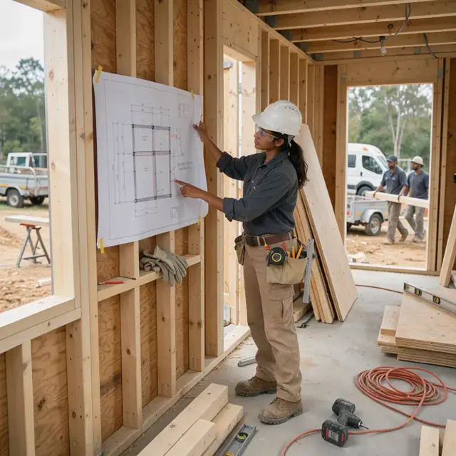 a framing lead reviewing a revised structural plan taped to a newly raised wall inside a wood-framed house under construction