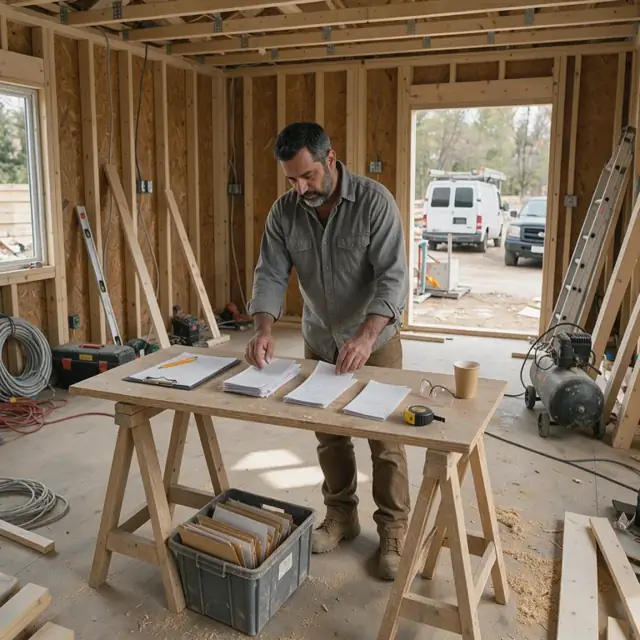 a worker in a completed wood-framed building shell organizing stacks of inspection cards and material receipts on a makeshift plywood desk