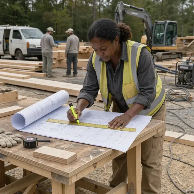 a worker at a plywood workbench measuring dimensions on a large rolled set of blueprints with a scale ruler and highlighter