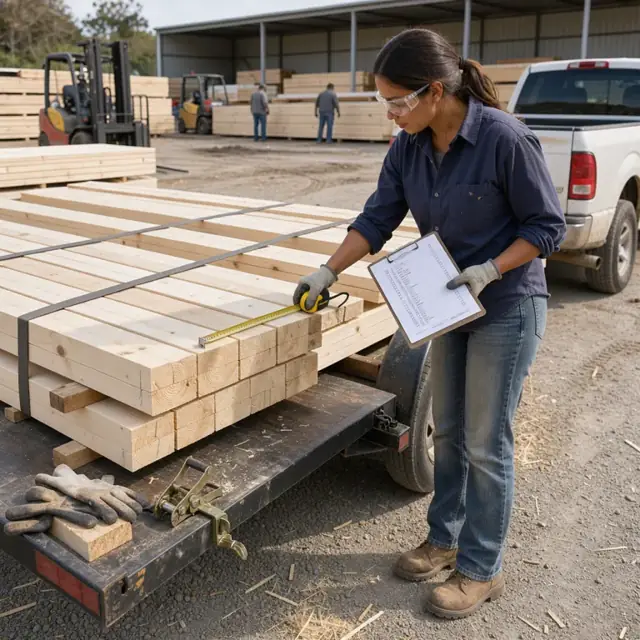 a worker in a lumber yard checking lengths of dimensional lumber stacked on a flatbed trailer against a printed material list