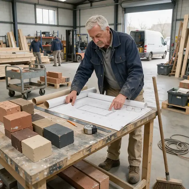 a worker reviewing rolled construction drawings spread across a workbench next to stacks of brick samples in a shop