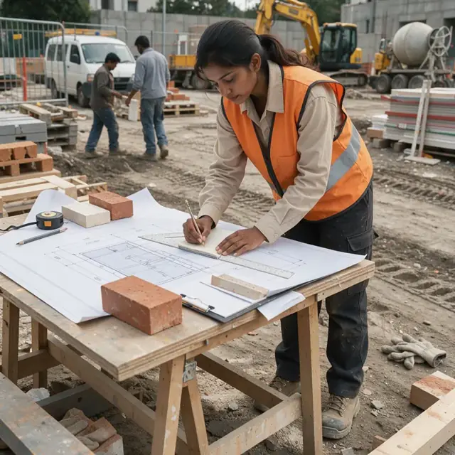 a worker measuring dimensions on a set of blueprints with a scale ruler and notepad while brick samples sit nearby