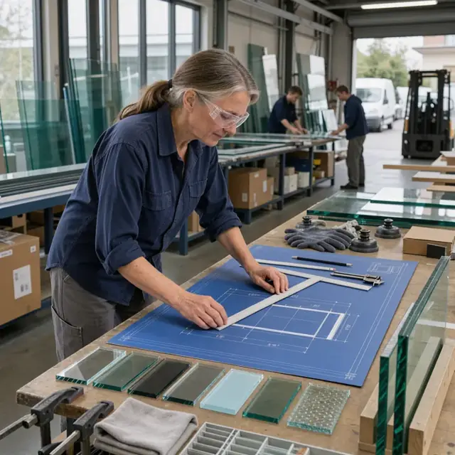a worker at a workbench measuring dimensions on large blueprints with scale rulers and glass samples