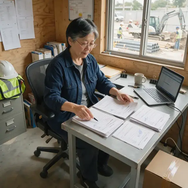a worker at a jobsite office desk organizing signed change orders and lien waiver forms next to a laptop