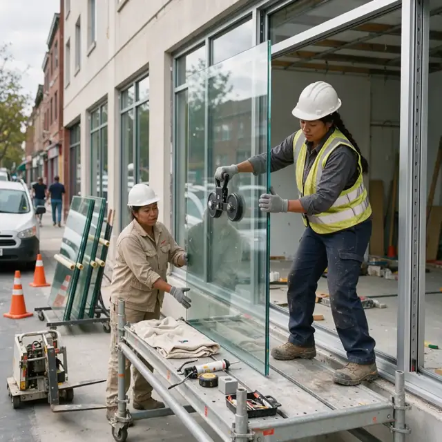 a worker on a scaffold setting a large glass panel into an aluminum storefront frame on a building exterior