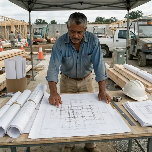 a worker reviewing a large shop drawing printout at a jobsite desk surrounded by rolled plans