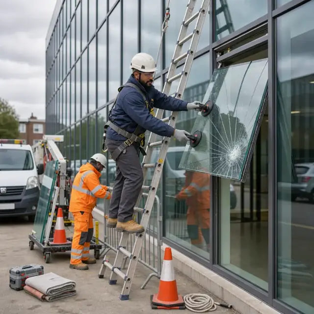 a worker on a ladder removing a cracked glass panel from a building curtain wall