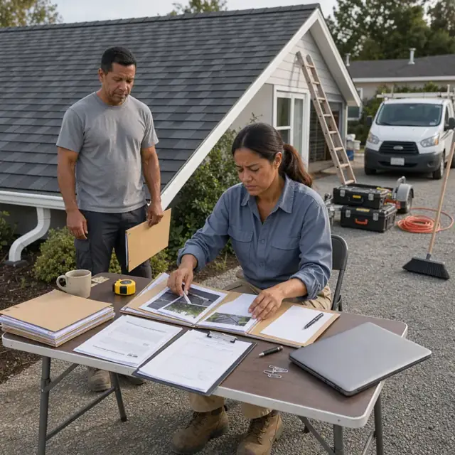 a worker at a desk organizing project folders containing photos, permits and warranty documents next to a completed roof
