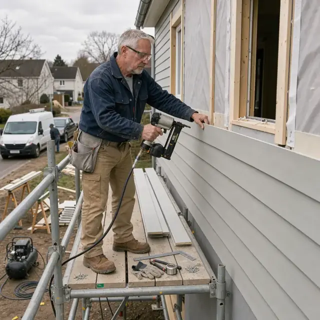 a worker installing horizontal fiber-cement siding planks on exterior walls using a nail gun while standing on scaffolding