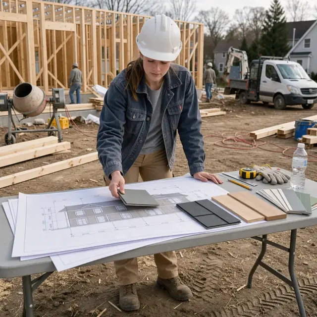 a worker at a folding table on a jobsite reviewing house elevation drawings and product samples spread across a set of blueprints