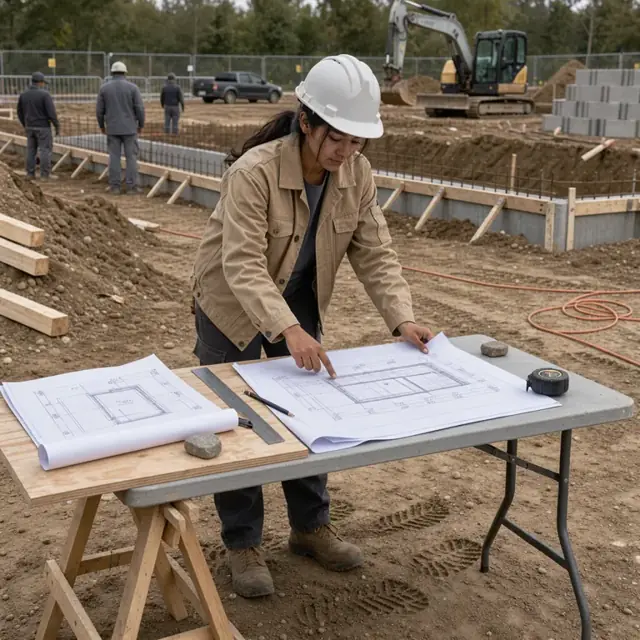 a worker at a folding table on a dirt jobsite reviewing blueprints spread across sawhorses with a concrete foundation trench visible behind