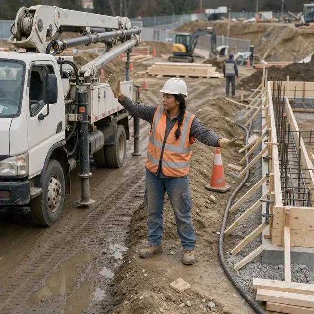 a worker guiding a concrete boom pump truck into position beside freshly set foundation forms on an active construction lot