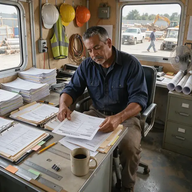 a worker organizing stacks of paper submittals and permit applications on a jobsite trailer desk with hard hats hanging on the wall