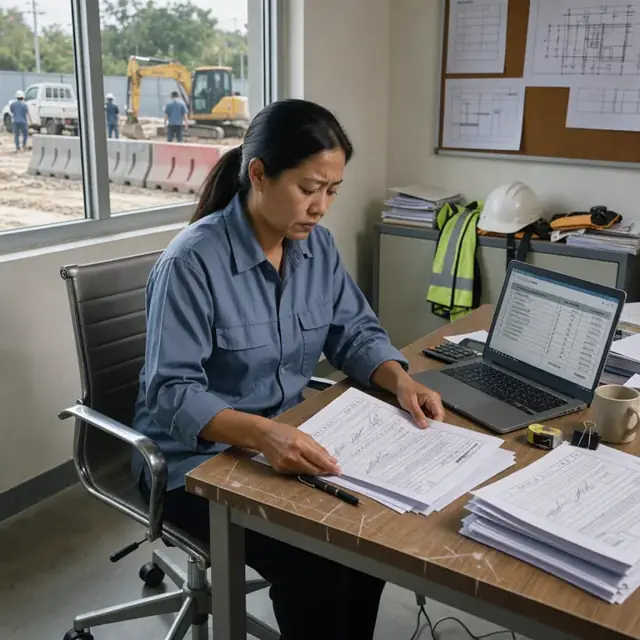 a worker at a desk reviewing a stack of signed lien waiver forms next to a laptop showing a construction invoice