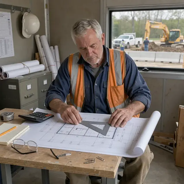 a worker at a jobsite trailer desk measuring dimensions on a large blueprint spread across a table with a calculator and notepad